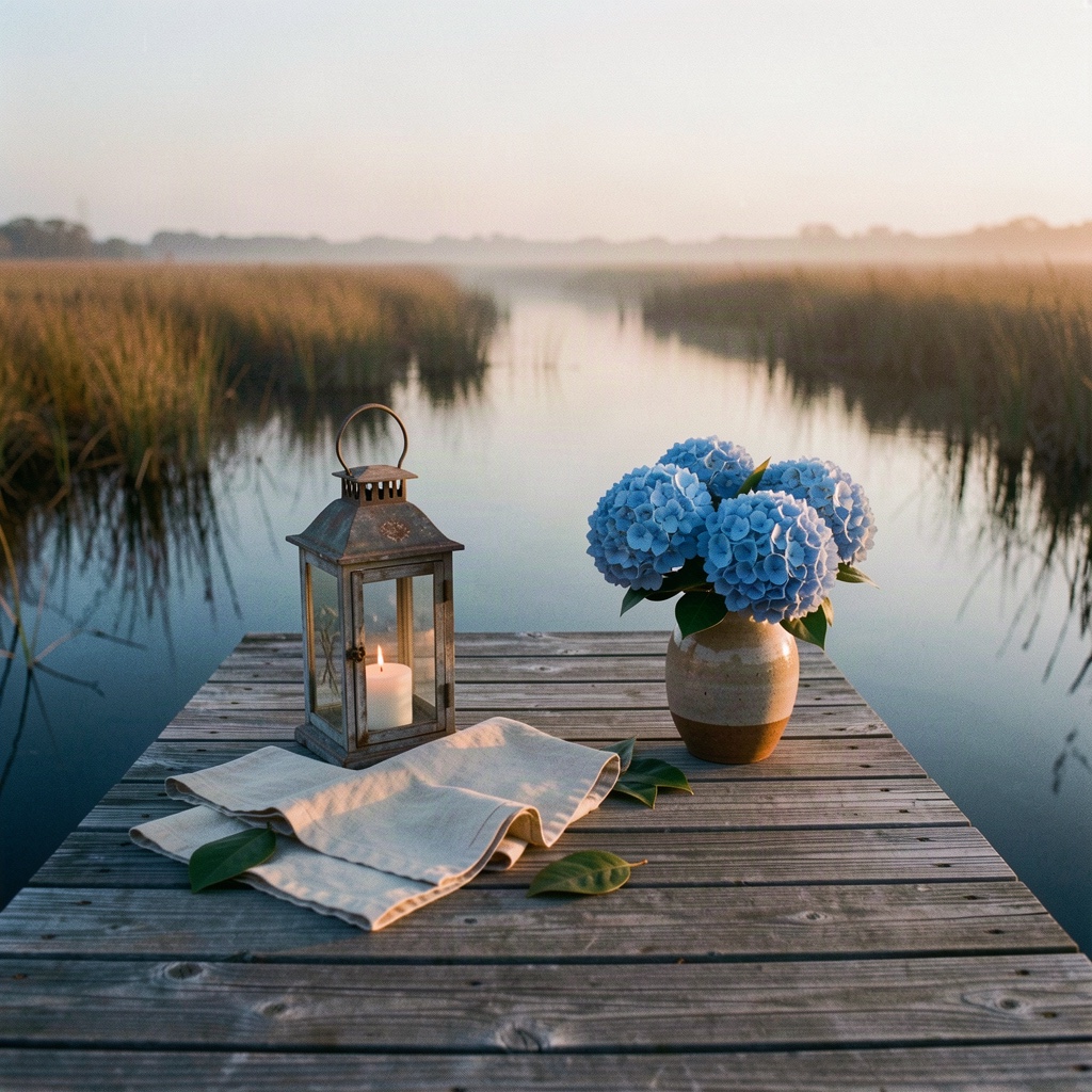 A quiet wooden dock extending into still coastal marsh water at dusk with a lantern and magnolia leaf