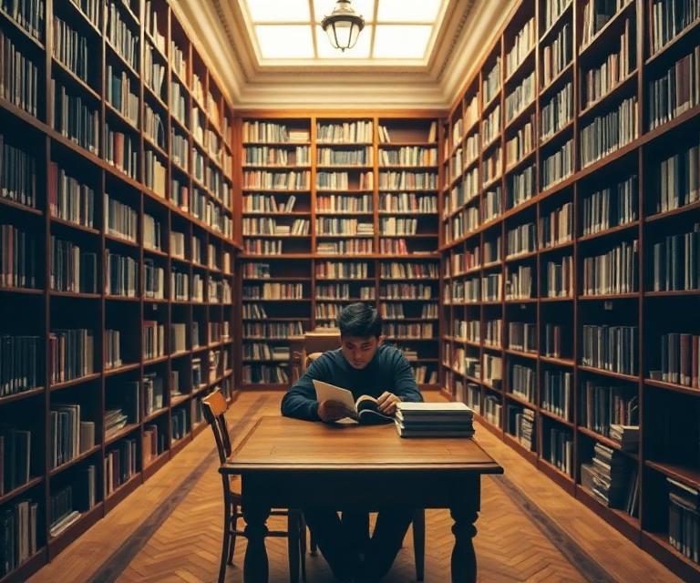 A person reading in a quiet library with tall bookshelves