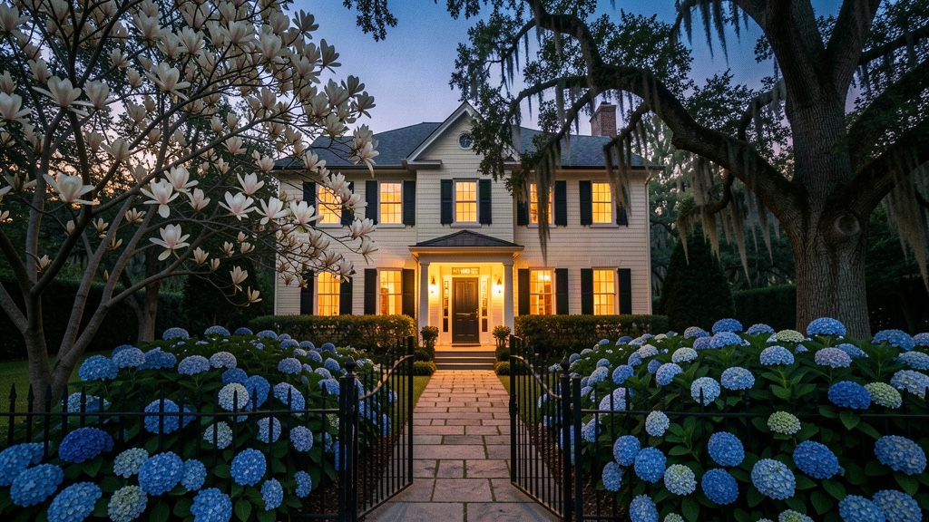 A preserved Southern ancestral home at twilight beyond an iron gate with magnolia and live oaks