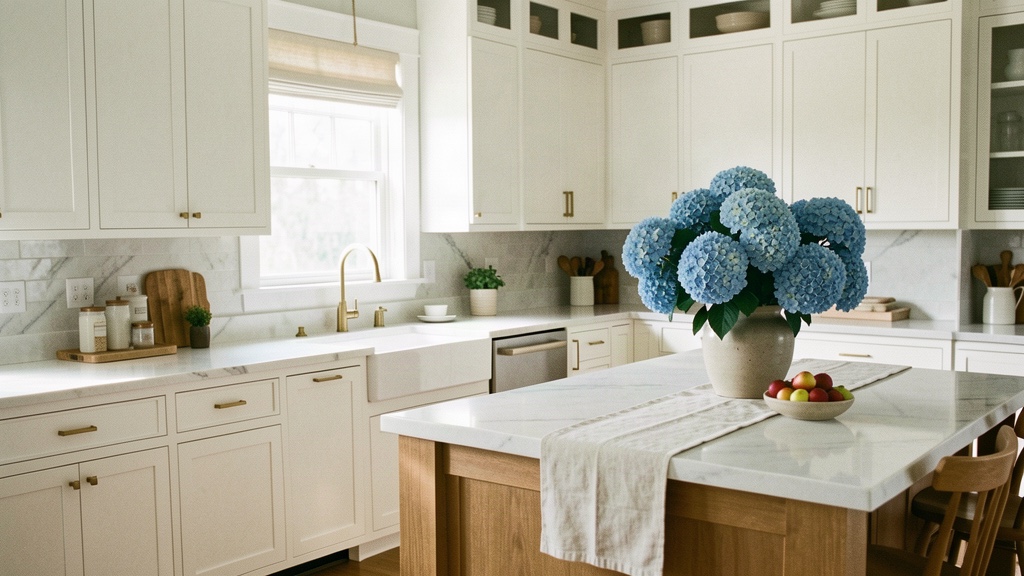 A clean modern-traditional Southern kitchen with blue hydrangeas on a marble island