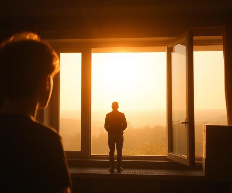 A person looking out a window at sunrise, packing boxes nearby