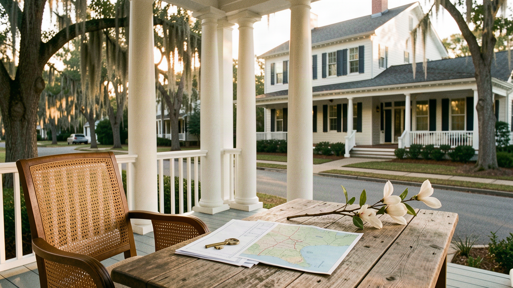 A Lowcountry home viewed from a columned porch at golden hour, with a map and house key on a cedar table