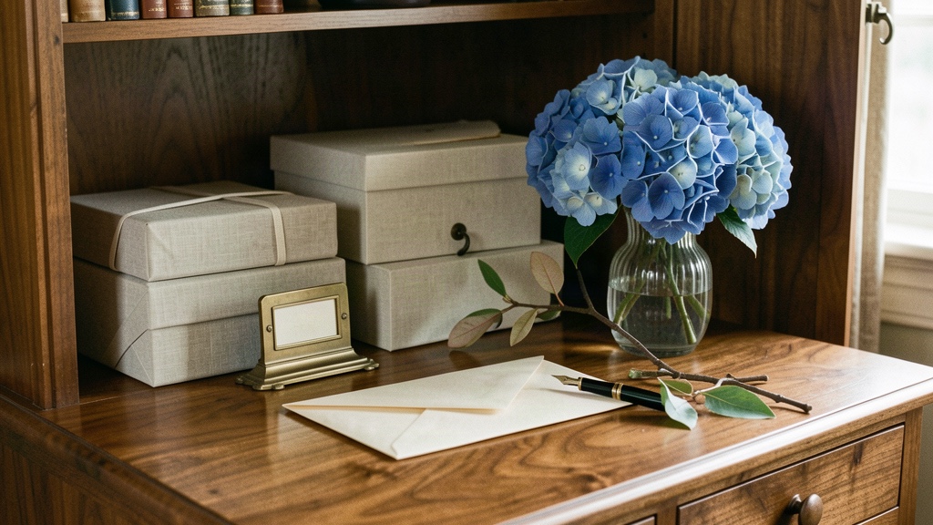 An archival cabinet in a Southern study with linen document boxes, an envelope, and magnolia branch