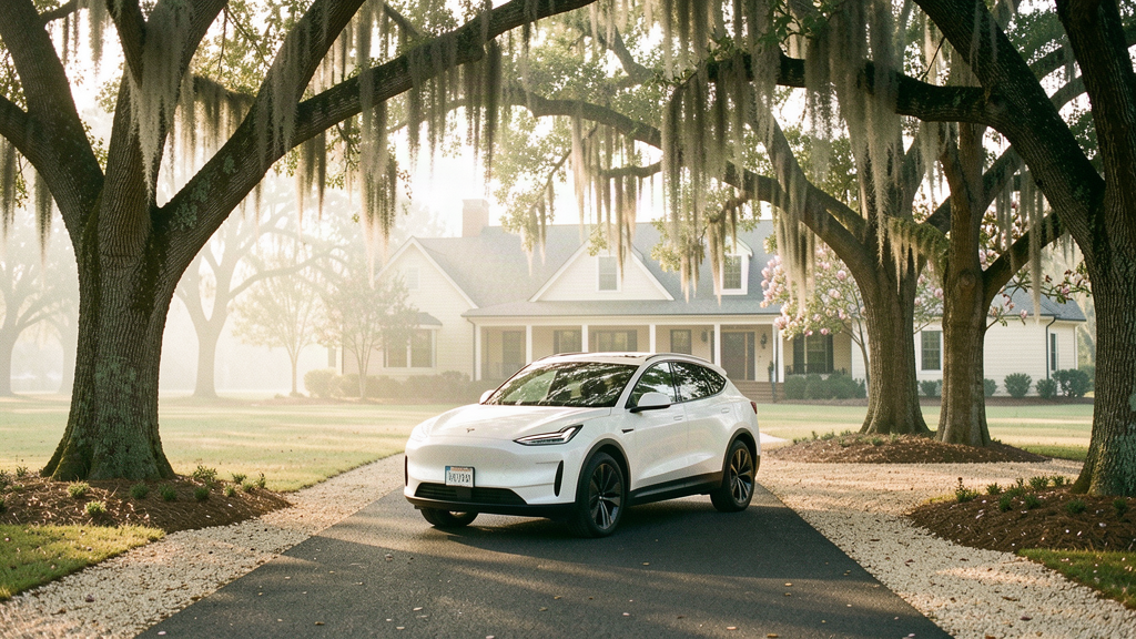 An unbranded electric SUV beneath live oaks and Spanish moss on a Southern driveway