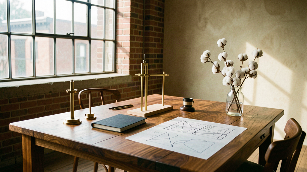 A Southern textile mill workspace with a business prototype, drafting tools, and cotton stems