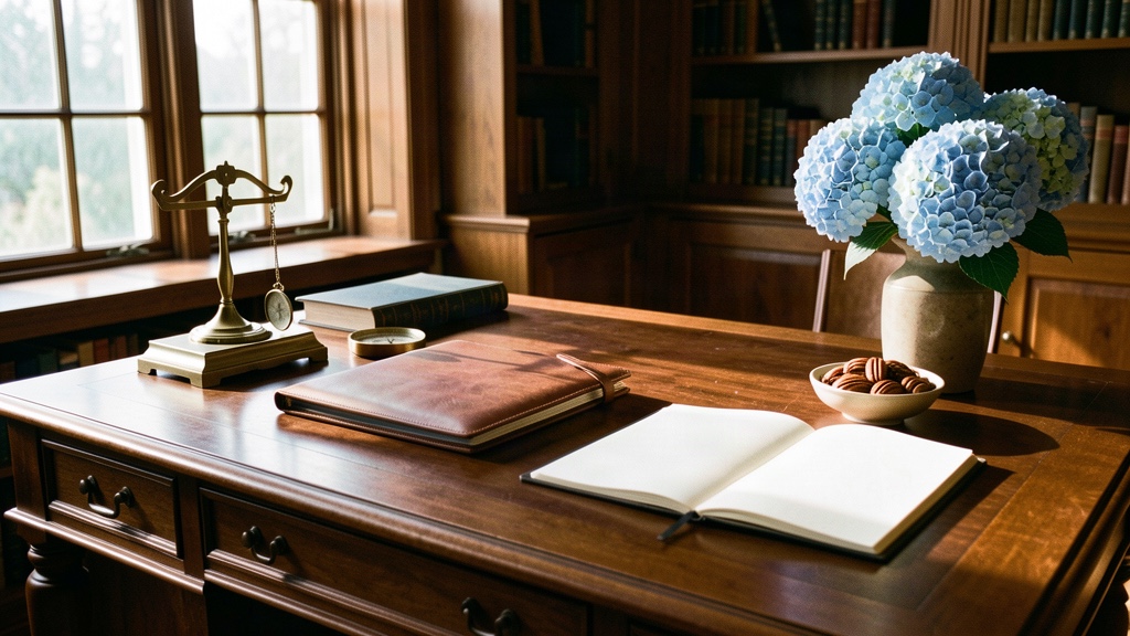 A walnut desk in a Southern library with a brass scale, leather portfolio, compass, and pecans